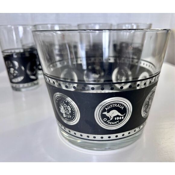 Vtg Hazel Atlas Coins Of the World 8 Glasses, Ice Bucket Black Gold & Caddy MCM - Picture 10 of 16